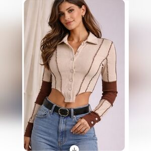 Bad Society Club Cream & Brown Rhinestone Button Crop Top XXS